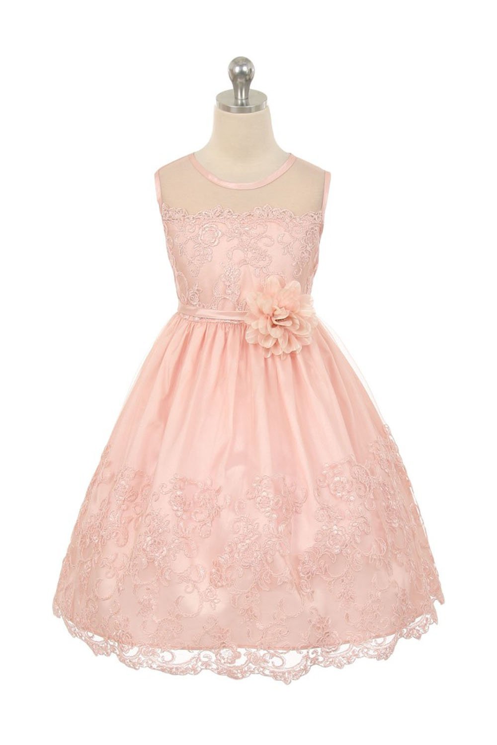 Blush Pink Embroidered Tulle Overlayed Flower Girl Dress with Illusion Neckline Blush Pink Embroidered Tulle Overlayed Flower Girl Dress with Illusion Neckline